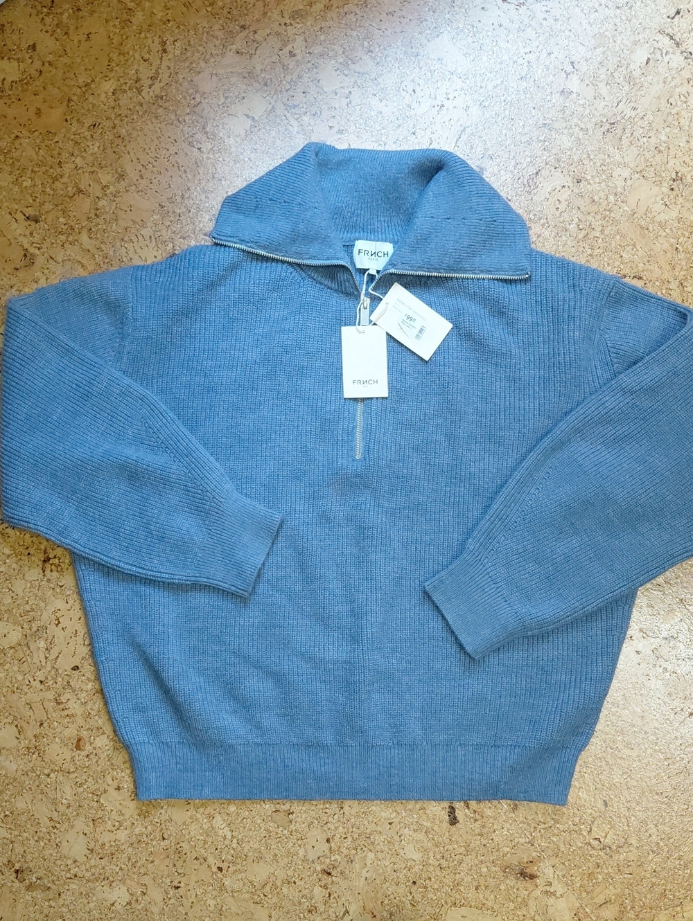 FRNCH Light Denim Blue Naemi Zip Ribbed Sweater Size L NWT